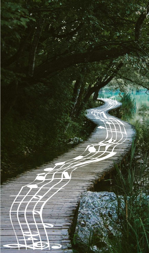 Music notes flowing up a path